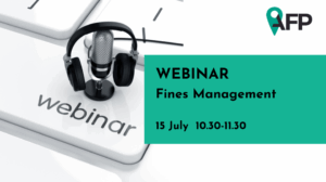 Keyboard on background with microphone and headphones on top of keyboard key written webinar. A square box contains the info about the webinar in Fines Management - date 15 July and time.