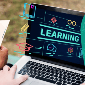 Learning Education Ideas Insight Intelligence Study Concept. Two young people hands holding computer and book, with computer screen displaying the word learning. Green graph and AFP logo on the right.