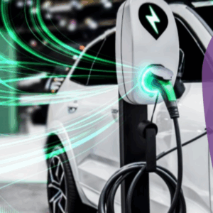 EV charging station for electric car in concept of green energy and eco travel. White car is charging at chargin station and green lights power the charging station. Purple graph and AFP logo sit on the right.