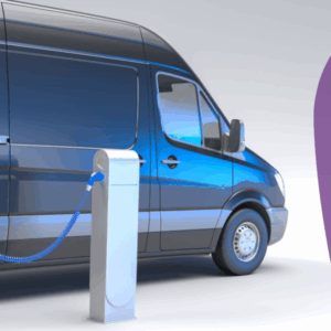 3D rendering of an electric van at a charging station.