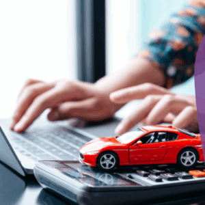 Young woman reading car loan, or selling or buying car online, hands on keyboard while miniature car sits beside her. AFP logo and purple graph on the right.