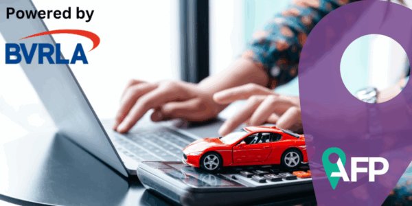Young woman reading car loan, or selling or buying car online, hands on keyboard while miniature car sits beside her. AFP logo and purple graph on the right.