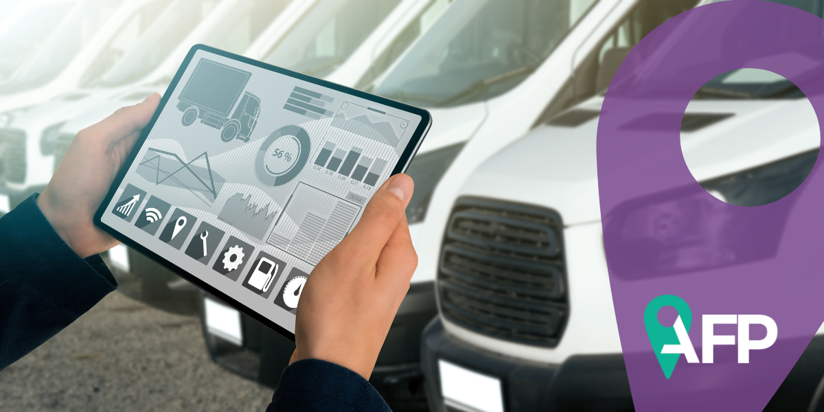 Fleet Mindset Course main image. Hands holding tablet with lots of graphs and stats. Background with white vans.